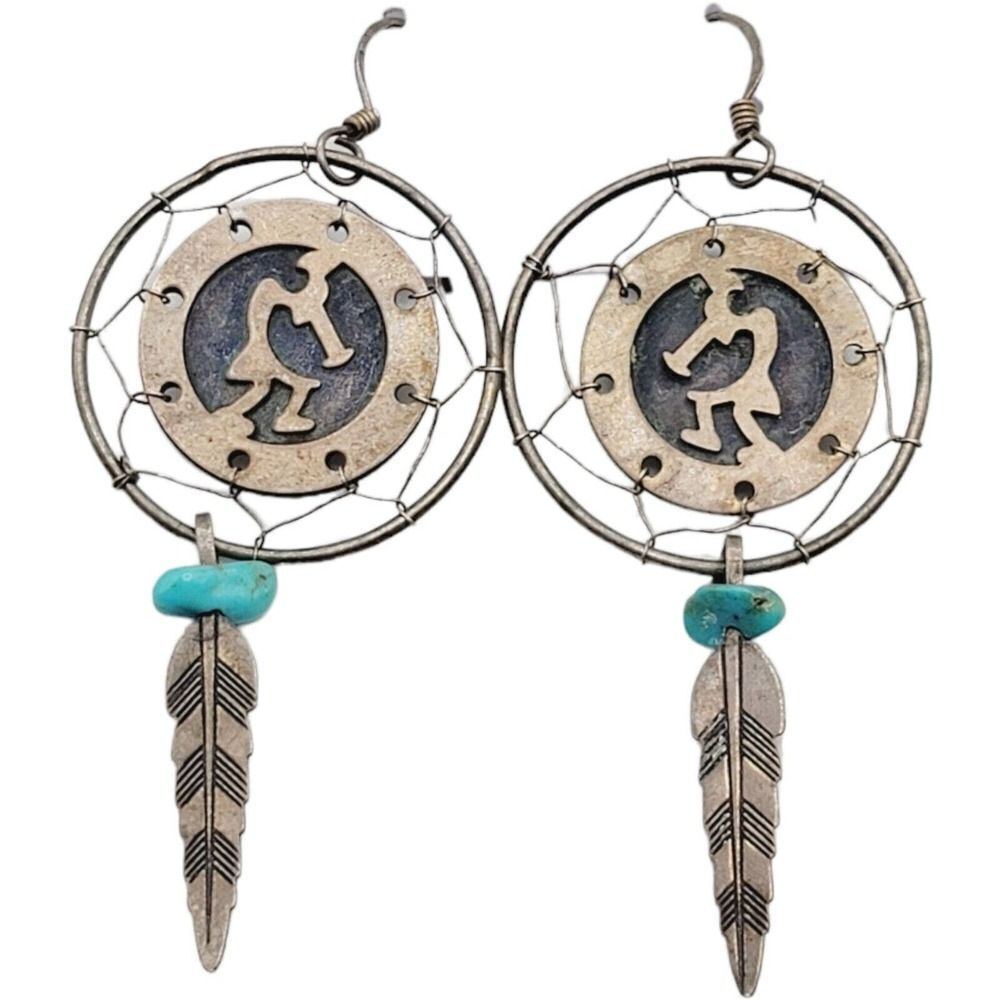 Vtg Navajo Kokopelli Sterling Silver Dream Catcher‎ Earrings with Turquoise
